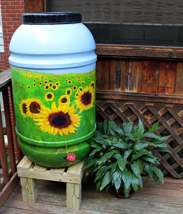 Rain Barrel with Painted Sunflowers